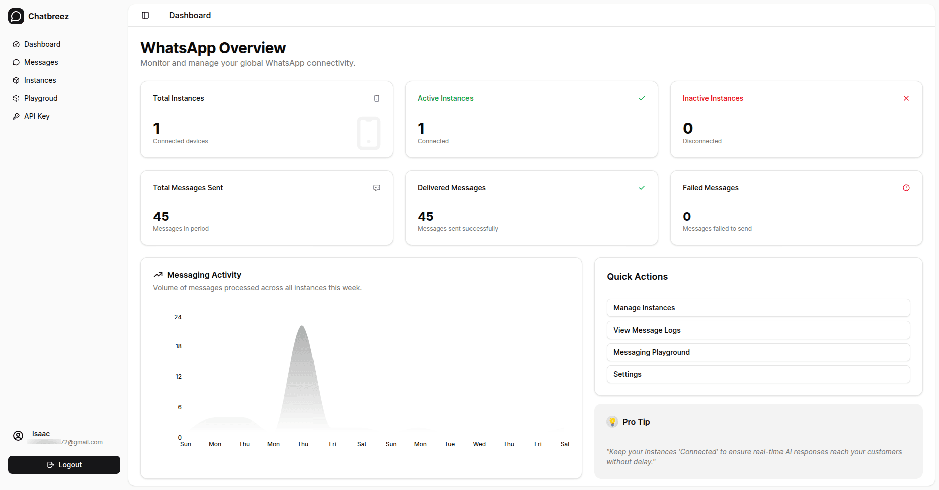 Dashboard preview showing the Chatbreez WhatsApp API overview and reporting interface